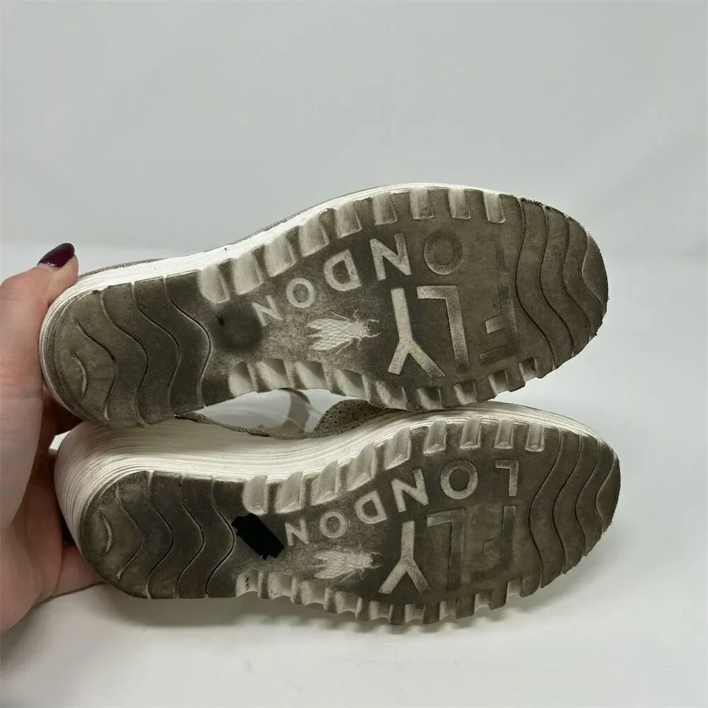Fly London Women's Gold Wedge Sandals Size 37 (US 6-6.5) Adjustable Strap